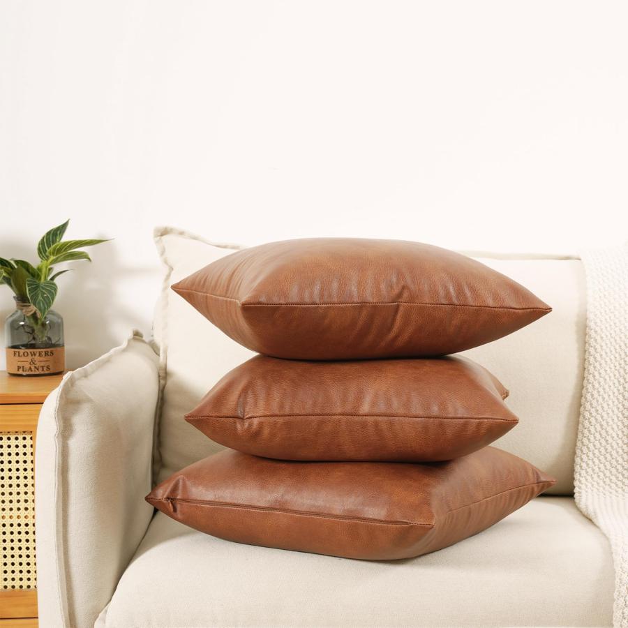【並行輸入品】GEGELICA クッションカバー フェイクレザー 20x20インチ 2枚セット ブラウン 腰 ボーホー モダン 正方形 ホームデ_5