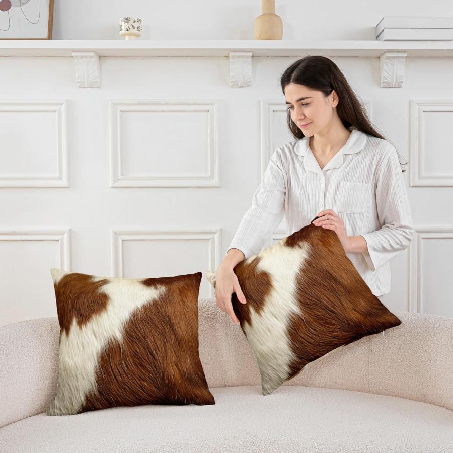 【並行輸入品】 (Not Real) Cow Print Pillow Covers White Brown Cowhide Throw Pil_6