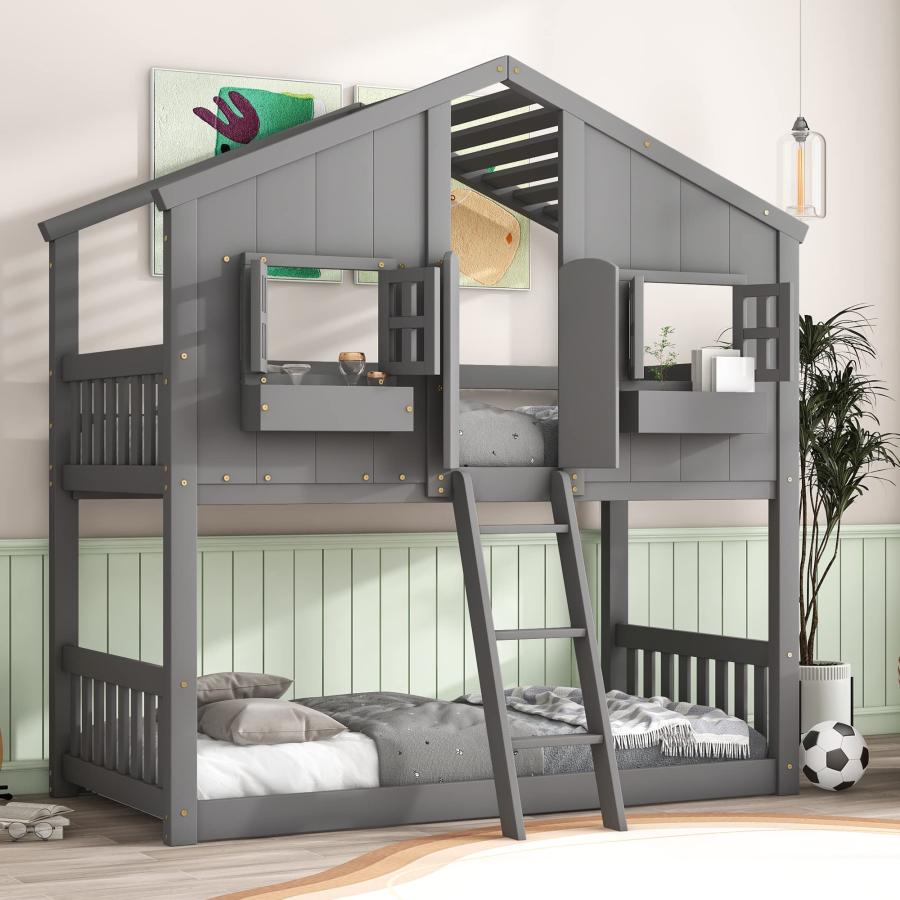 【並行輸入品】 Harper & Bright Designs Twin Over Twin House Bunk Bed with Windo
