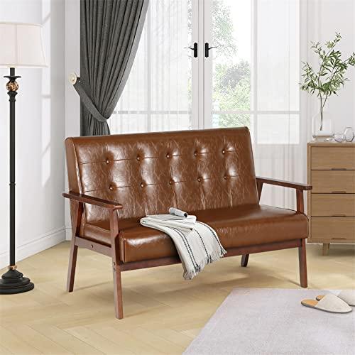 【並行輸入品】 JIASTING Mid Century Modern Loveseat Sofa with Wooden Arms Leath_7