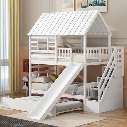 【並行輸入品】 MERITLINE Twin Over Twin House Bunk Bed with Trundle and Slide,Bの画像
