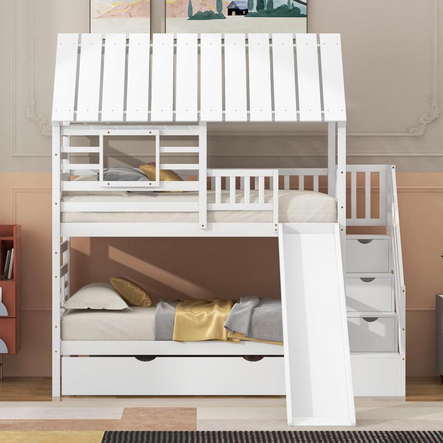 【並行輸入品】 MERITLINE Twin Over Twin House Bunk Bed with Trundle and Slide,Bの画像