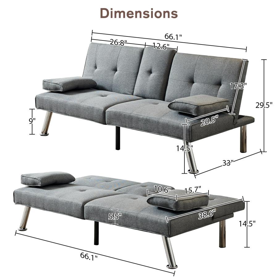 【並行輸入品】 66“ Modern Futon Sofa Bed Couch: Linen Fabric，2 Cup Hodlers，Remo_3
