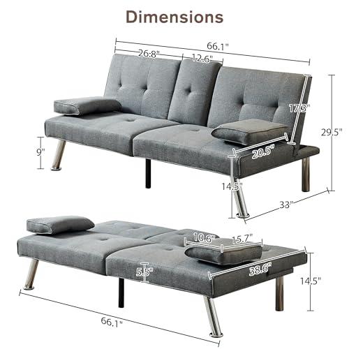 【並行輸入品】 66“ Modern Futon Sofa Bed Couch: Linen Fabric，2 Cup Hodlers，Remo_4