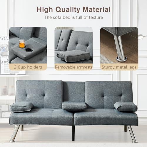 【並行輸入品】 66“ Modern Futon Sofa Bed Couch: Linen Fabric，2 Cup Hodlers，Remo_7