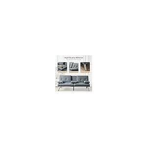 【並行輸入品】 66“ Modern Futon Sofa Bed Couch: Linen Fabric，2 Cup Hodlers，Remo_8