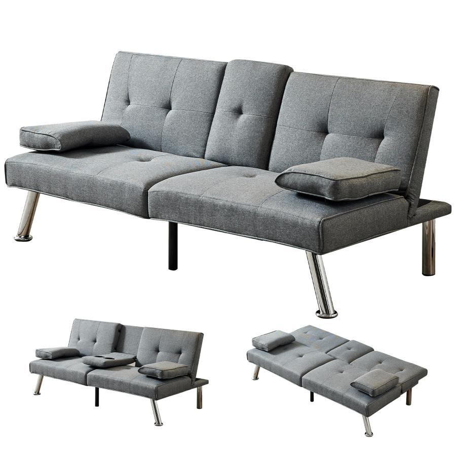 【並行輸入品】 66“ Modern Futon Sofa Bed Couch: Linen Fabric，2 Cup Hodlers，Remo_9