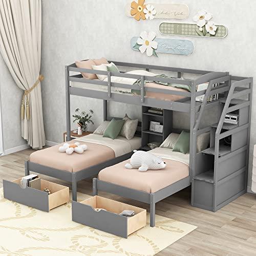 【並行輸入品】 Harper \u0026 Bright Designs Triple Bunk Bed with Storage Drawers,Twiの画像