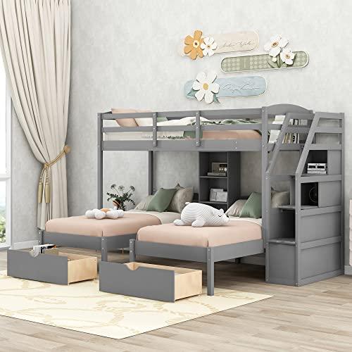 【並行輸入品】 Harper \u0026 Bright Designs Triple Bunk Bed with Storage Drawers,Twiの画像
