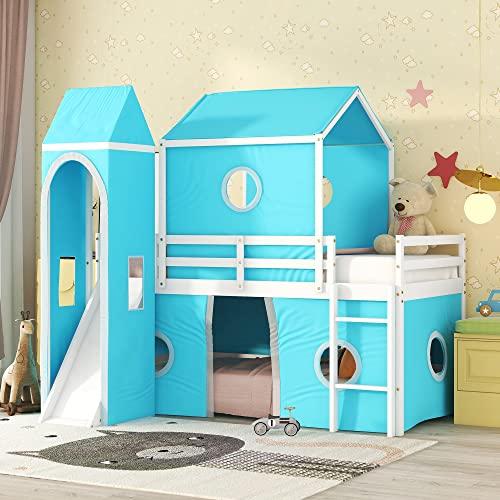 【並行輸入品】 Twin Loft Bed with Slide and Tent， House Loft Bed with Tower and_1