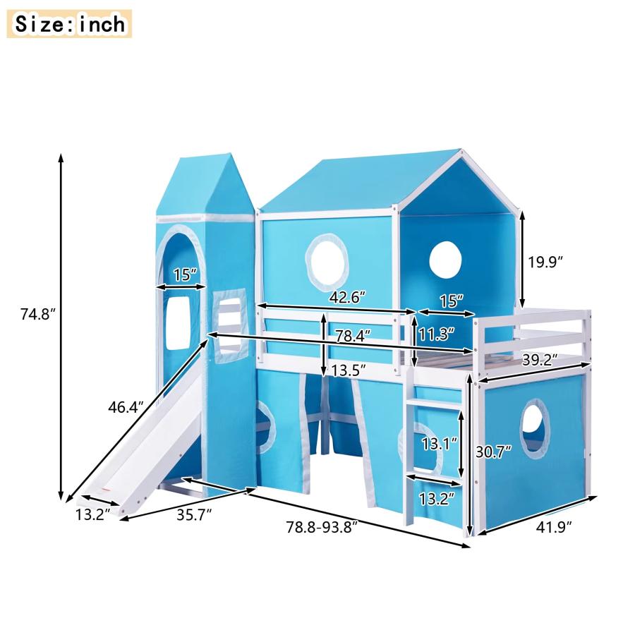 【並行輸入品】 Twin Loft Bed with Slide and Tent， House Loft Bed with Tower and_3