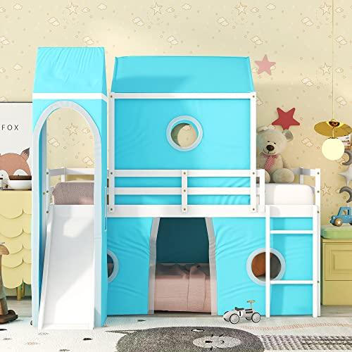 【並行輸入品】 Twin Loft Bed with Slide and Tent， House Loft Bed with Tower and_7