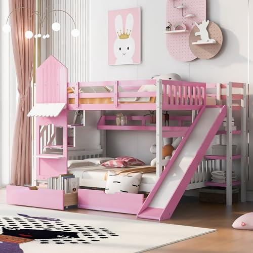 【並行輸入品】 Bellemave Full Over Castle Bunk Bed with Slide and Storage Stairの画像