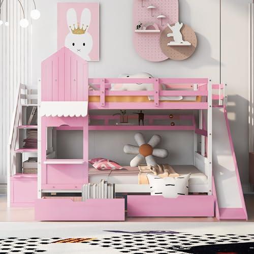 【並行輸入品】 Bellemave Full Over Castle Bunk Bed with Slide and Storage Stairの画像