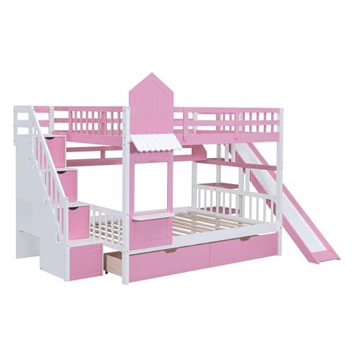 【並行輸入品】 Bellemave Full Over Castle Bunk Bed with Slide and Storage Stairの画像