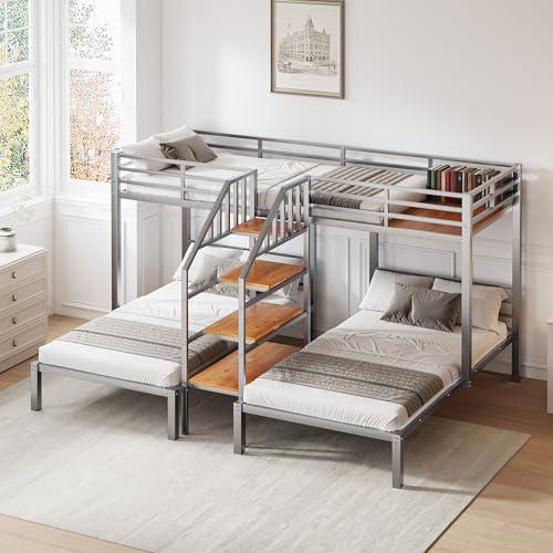 【並行輸入品】 SOFTSEA Triple Bunk Bed with Stairs， Twin Over Twin & Twin Bunk_1