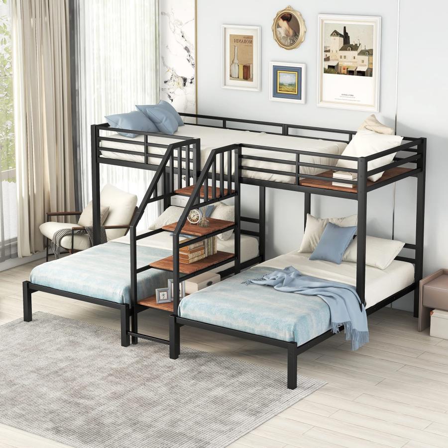 【並行輸入品】 Harper & Bright Designs Triple Bunk Beds with Stairs, Metal Twin