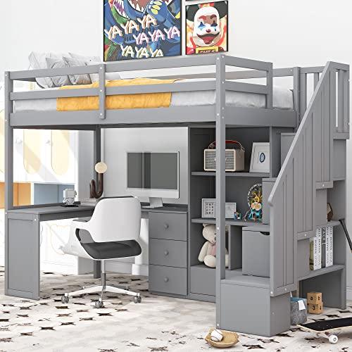 【並行輸入品】 Bellemave Twin Size Loft Bed with Desk and Stairs Wood Loft Bedsの画像