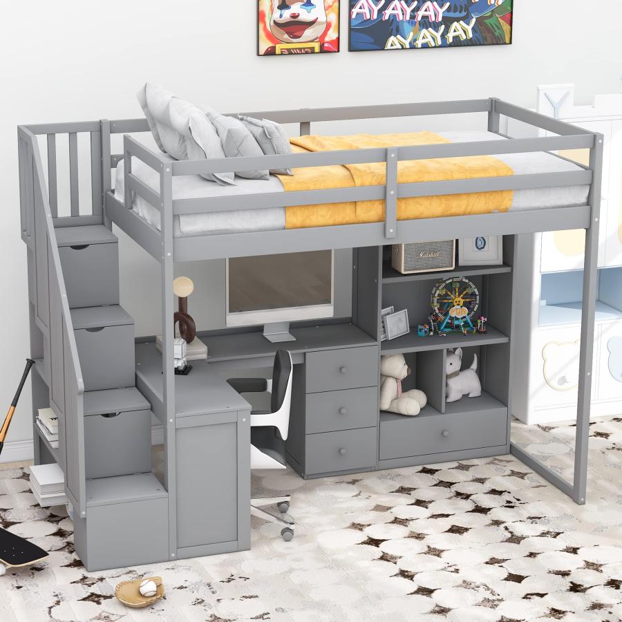 【並行輸入品】 Bellemave Twin Size Loft Bed with Desk and Stairs Wood Loft Bedsの画像