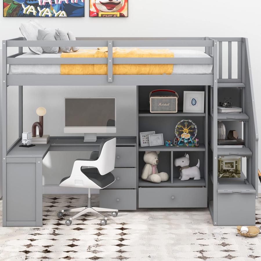 【並行輸入品】 Bellemave Twin Size Loft Bed with Desk and Stairs Wood Loft Bedsの画像