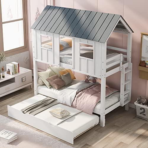 【並行輸入品】 Harper & Bright Designs House Bunk Bed Frame with Trundle， Roof_1
