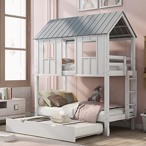 【並行輸入品】 Harper & Bright Designs House Bunk Bed Frame with Trundle， Roof_4