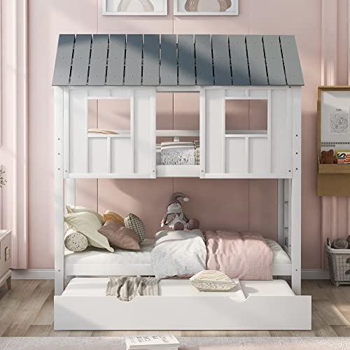 【並行輸入品】 Harper & Bright Designs House Bunk Bed Frame with Trundle， Roof_7