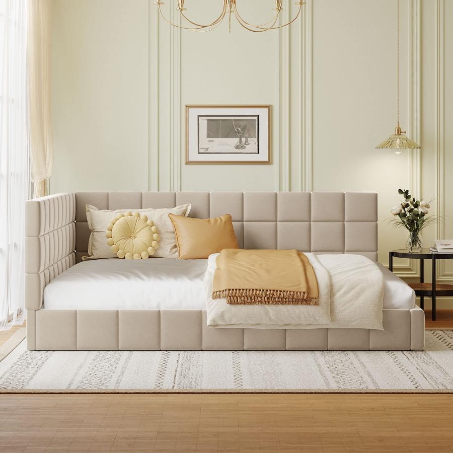 【並行輸入品】 Full Size Upholstered Daybed，Velvet Floor Sofa Bed with Backrest_3