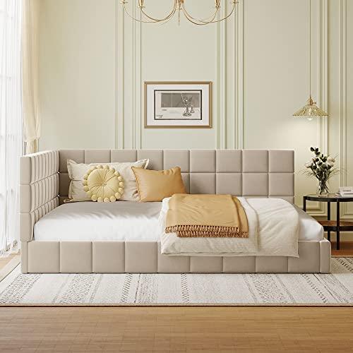 【並行輸入品】 Full Size Upholstered Daybed，Velvet Floor Sofa Bed with Backrest_4