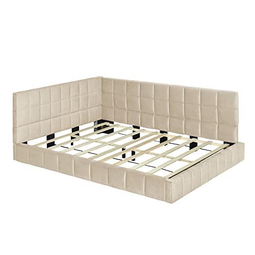 【並行輸入品】 Full Size Upholstered Daybed，Velvet Floor Sofa Bed with Backrest_7