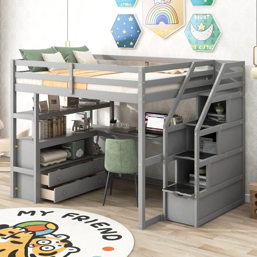 【並行輸入品】Harper & Bright Designs フルサイズロフトベッド デスク付き 木製 フルロフトベッドフレーム 棚付き 引き出