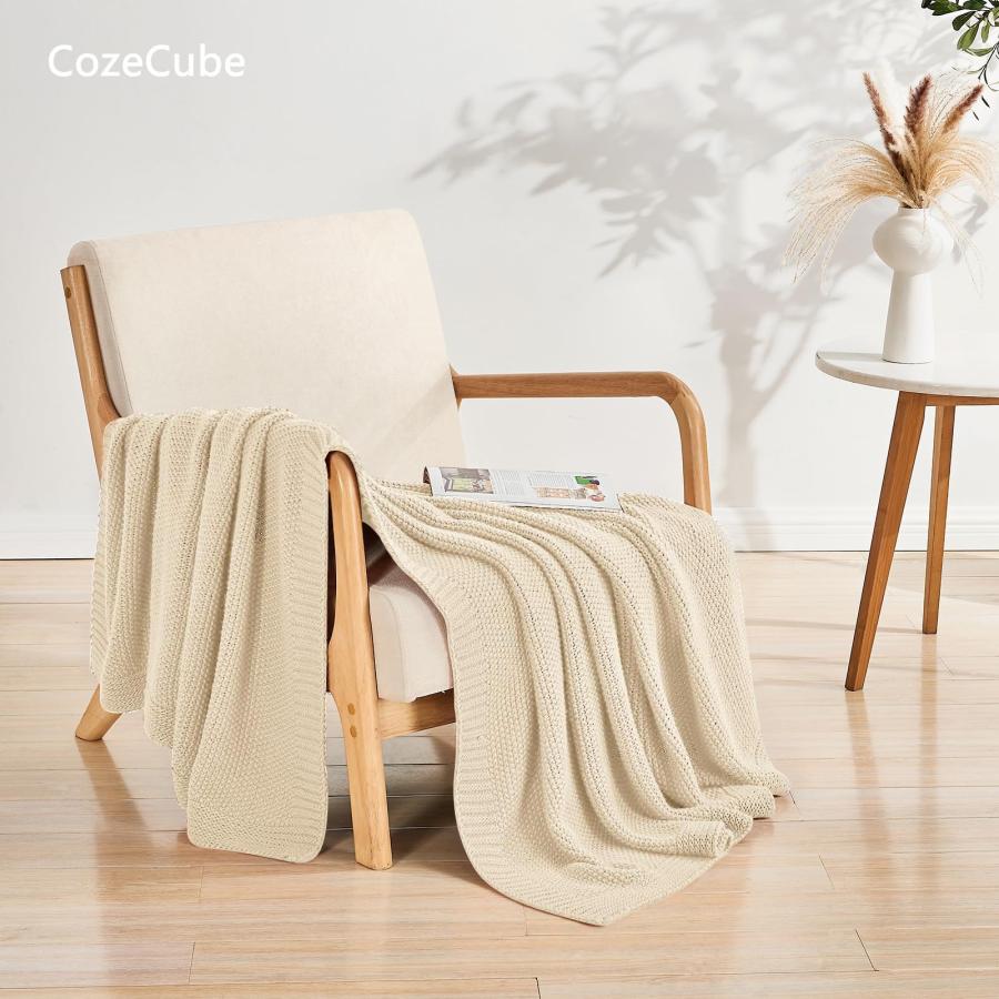 【並行輸入品】CozeCube ベージュ ソファ用スローブランケット ソフトで心地よいケーブルニットスローブランケット ベッド/ソファ/リビング_3