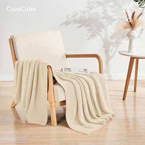 【並行輸入品】CozeCube ベージュ ソファ用スローブランケット ソフトで心地よいケーブルニットスローブランケット ベッド/ソファ/リビング_4