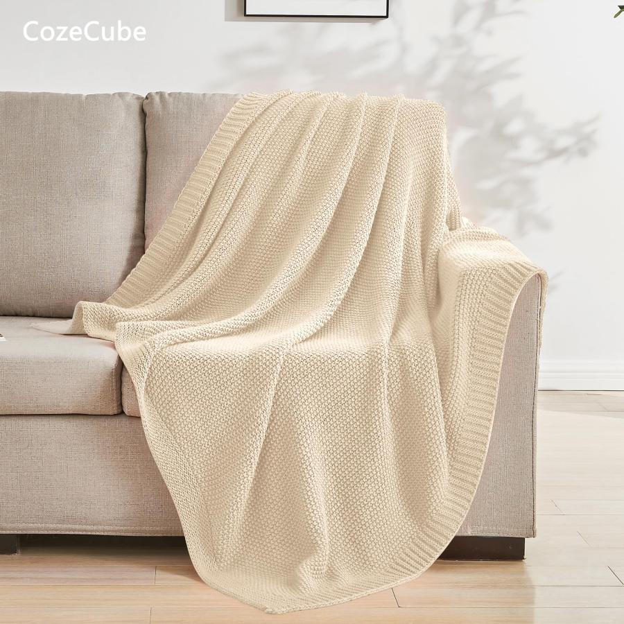 【並行輸入品】CozeCube ベージュ ソファ用スローブランケット ソフトで心地よいケーブルニットスローブランケット ベッド/ソファ/リビング_6