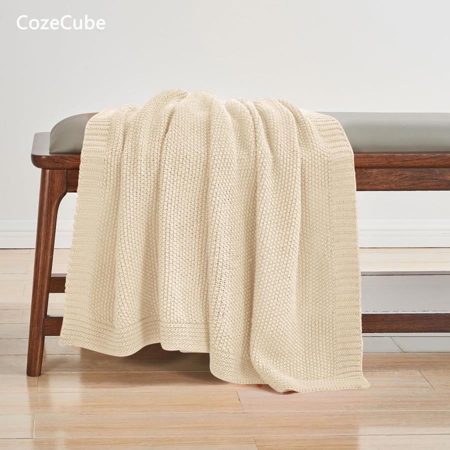 【並行輸入品】CozeCube ベージュ ソファ用スローブランケット ソフトで心地よいケーブルニットスローブランケット ベッド/ソファ/リビング_9