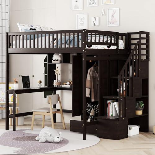 【並行輸入品】 SOFTSEA Full Size Loft Bed with Desk and Storage Stairs, Wood Loの画像