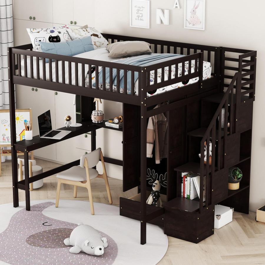 【並行輸入品】 SOFTSEA Full Size Loft Bed with Desk and Storage Stairs, Wood Loの画像