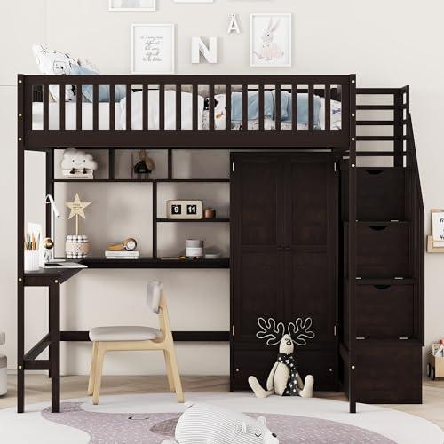 【並行輸入品】 SOFTSEA Full Size Loft Bed with Desk and Storage Stairs, Wood Loの画像
