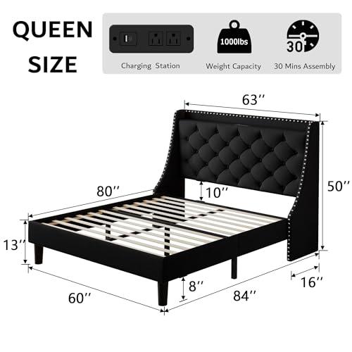 【並行輸入品】 iPormis Queen Bed Frame with 16" Comfort Wingback & Charging Sta_4