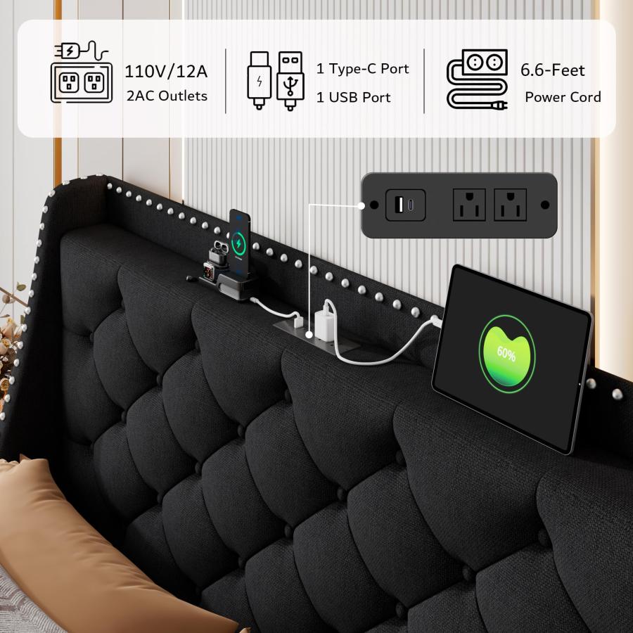 【並行輸入品】 iPormis Queen Bed Frame with 16" Comfort Wingback & Charging Sta_9