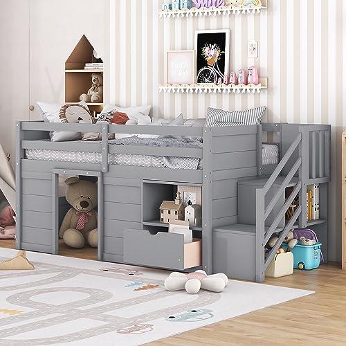 【並行輸入品】 Bellemave Low Loft Bed with Stairs， Twin Size Storage Loft Bed F_1