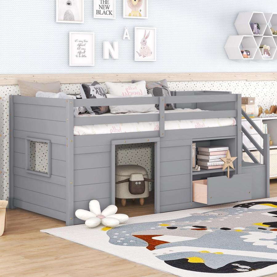 【並行輸入品】 Bellemave Low Loft Bed with Stairs， Twin Size Storage Loft Bed F_3