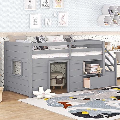 【並行輸入品】 Bellemave Low Loft Bed with Stairs， Twin Size Storage Loft Bed F_4