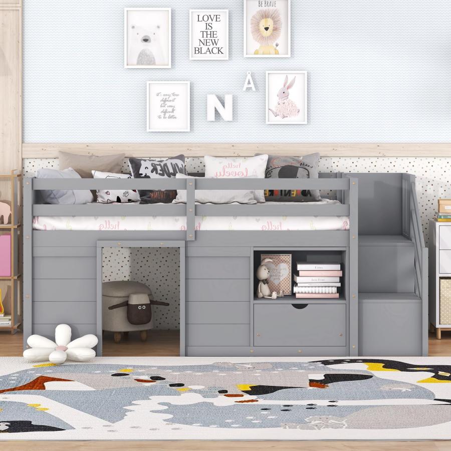 【並行輸入品】 Bellemave Low Loft Bed with Stairs， Twin Size Storage Loft Bed F_6