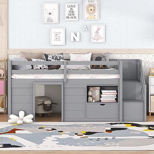 【並行輸入品】 Bellemave Low Loft Bed with Stairs， Twin Size Storage Loft Bed F_7