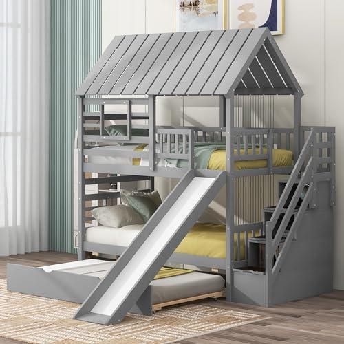 【並行輸入品】 Wooden Twin Over Twin Bunk Bed with Storage Stairs and Roof, Houの画像