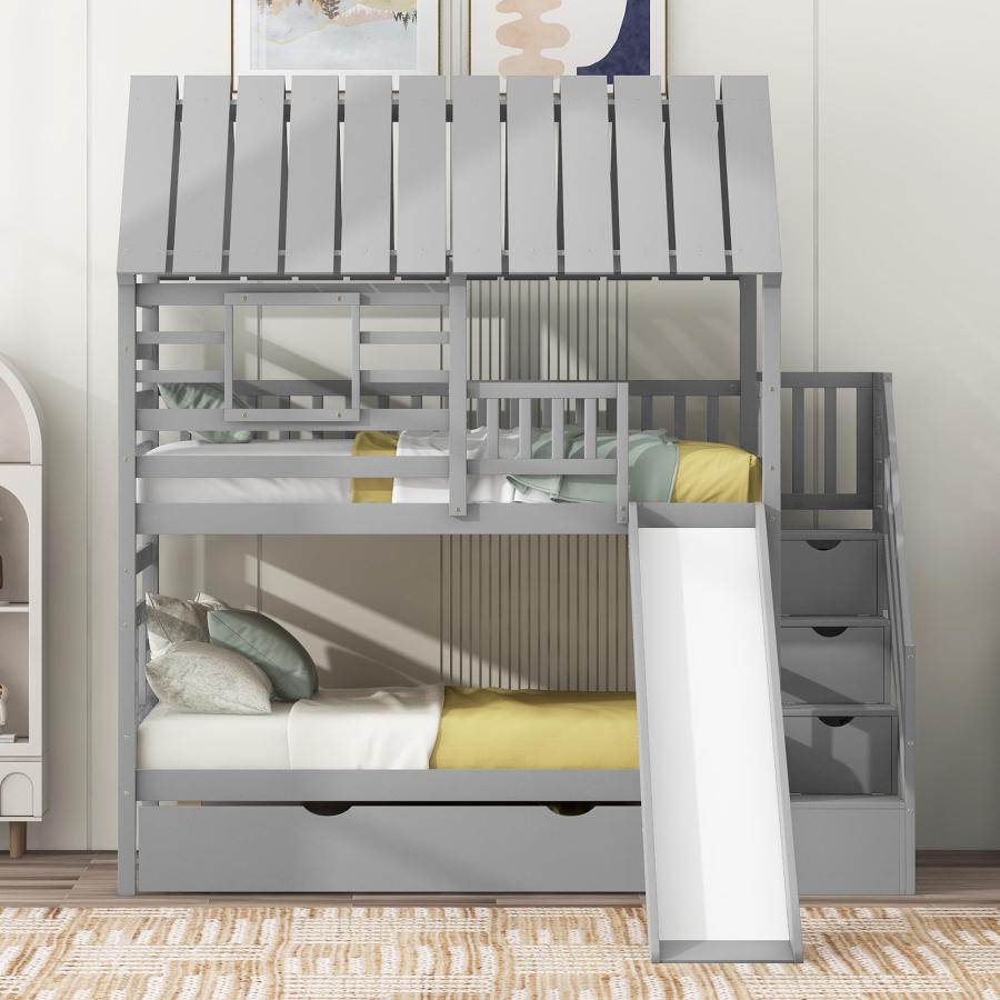 【並行輸入品】 Wooden Twin Over Twin Bunk Bed with Storage Stairs and Roof, Houの画像