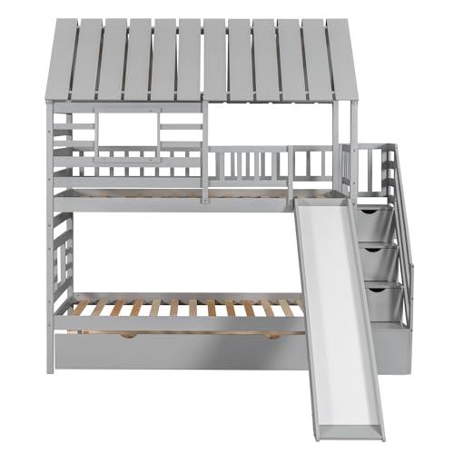 【並行輸入品】 Wooden Twin Over Twin Bunk Bed with Storage Stairs and Roof, Houの画像