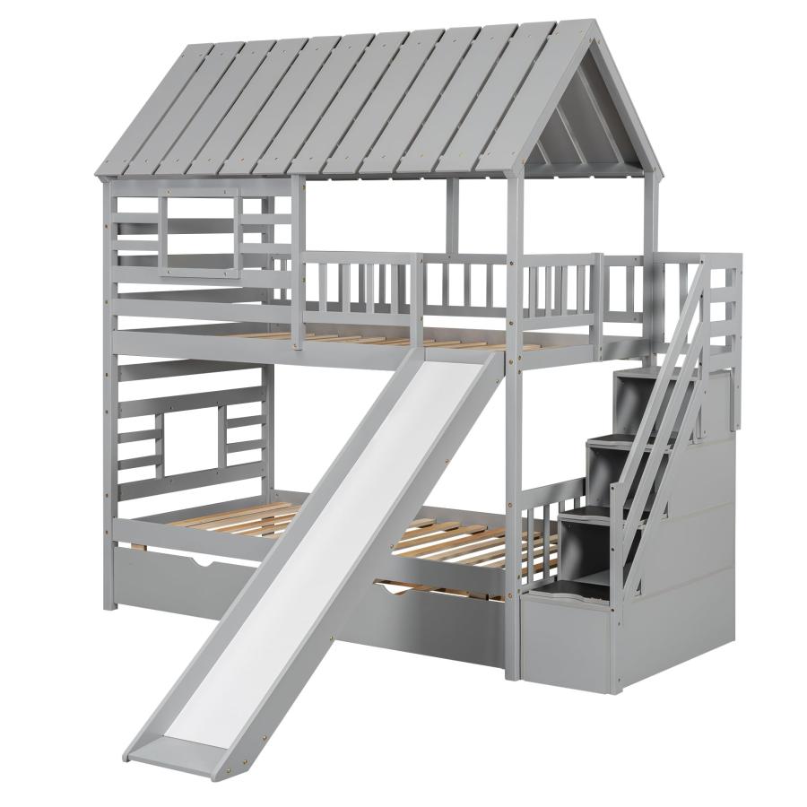 【並行輸入品】 Wooden Twin Over Twin Bunk Bed with Storage Stairs and Roof, Houの画像