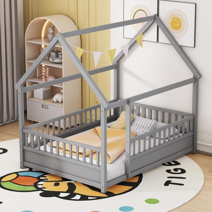 【並行輸入品】 Harper & Bright Designs Full Size Floor Bed for Kids， Wooden Ful_3